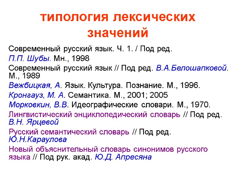 типология лексических значений  Современный русский язык. Ч. 1. / Под ред. П.П. Шубы.